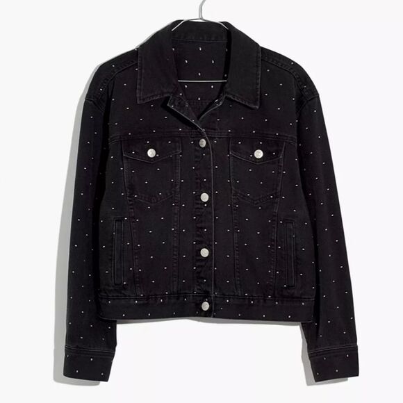 Madewell The Boxy Crop Black Denim Jean Jacket Metallic Dot Edition Women's XS - Picture 5 of 13